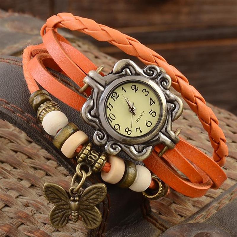 Retro Style Flerlager Dam Armband Watch Butterfly Pendant Quartz Watches