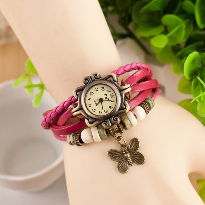 Retro Style Flerlager Dam Armband Watch Butterfly Pendant Quartz Watches