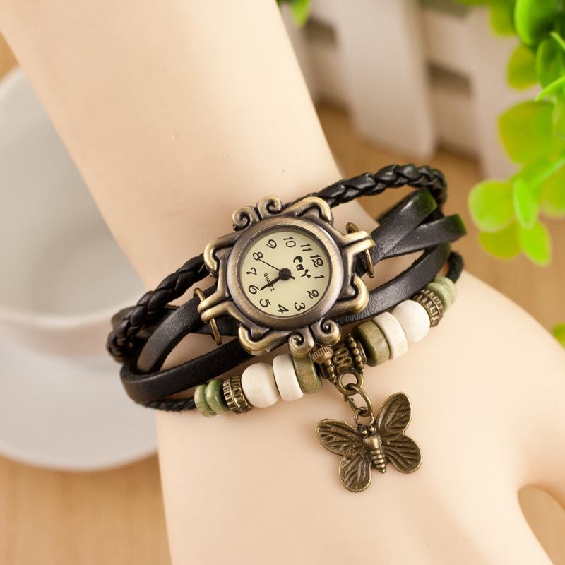 Retro Style Flerlager Dam Armband Watch Butterfly Pendant Quartz Watches