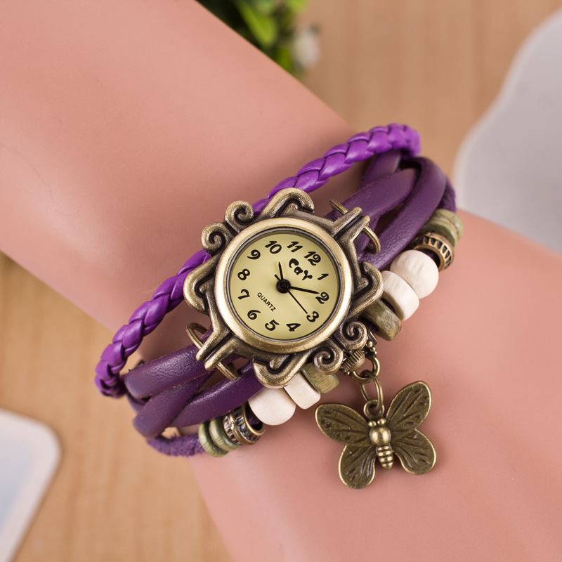 Retro Style Flerlager Dam Armband Watch Butterfly Pendant Quartz Watches