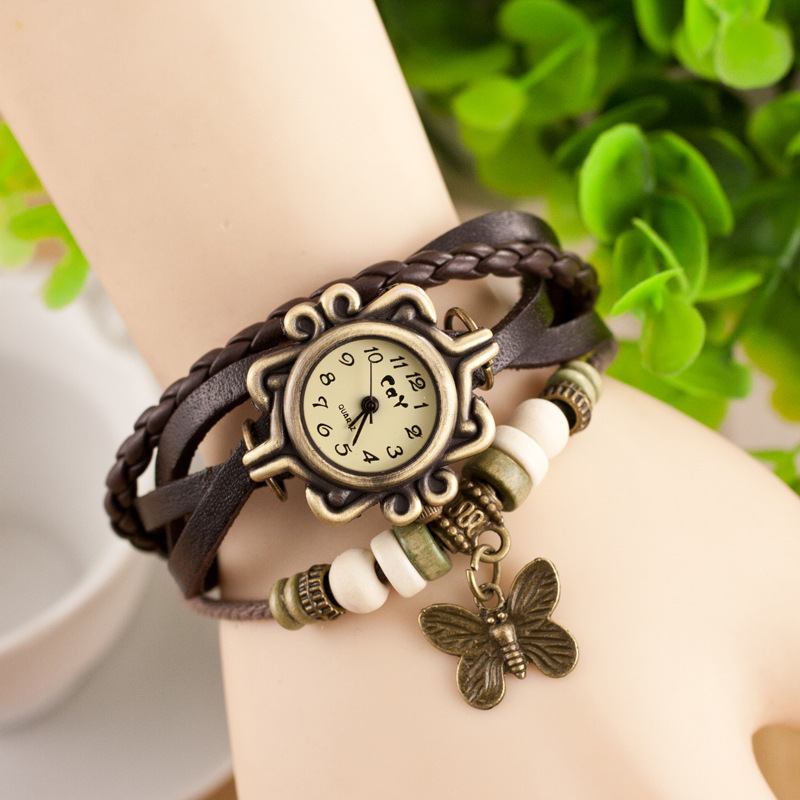 Retro Style Flerlager Dam Armband Watch Butterfly Pendant Quartz Watches