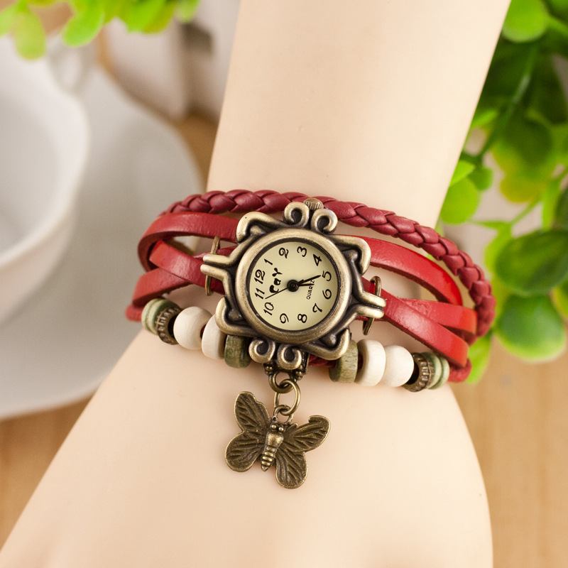 Retro Style Flerlager Dam Armband Watch Butterfly Pendant Quartz Watches