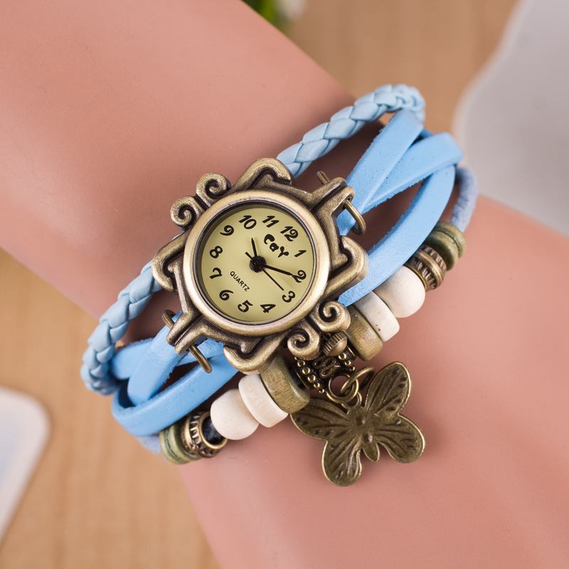 Retro Style Flerlager Dam Armband Watch Butterfly Pendant Quartz Watches