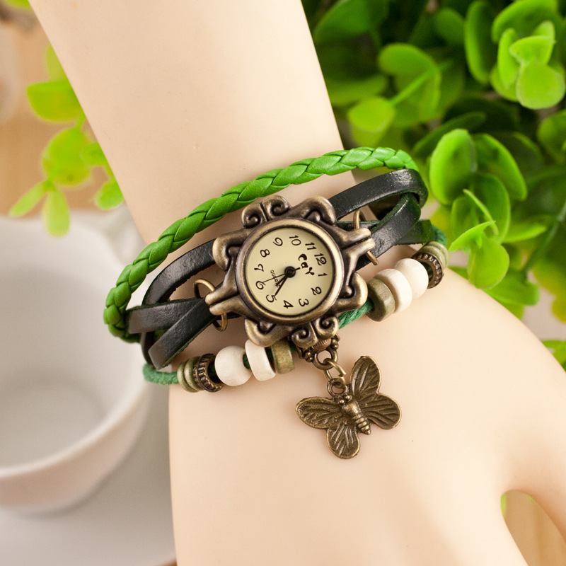 Retro Style Flerlager Dam Armband Watch Butterfly Pendant Quartz Watches