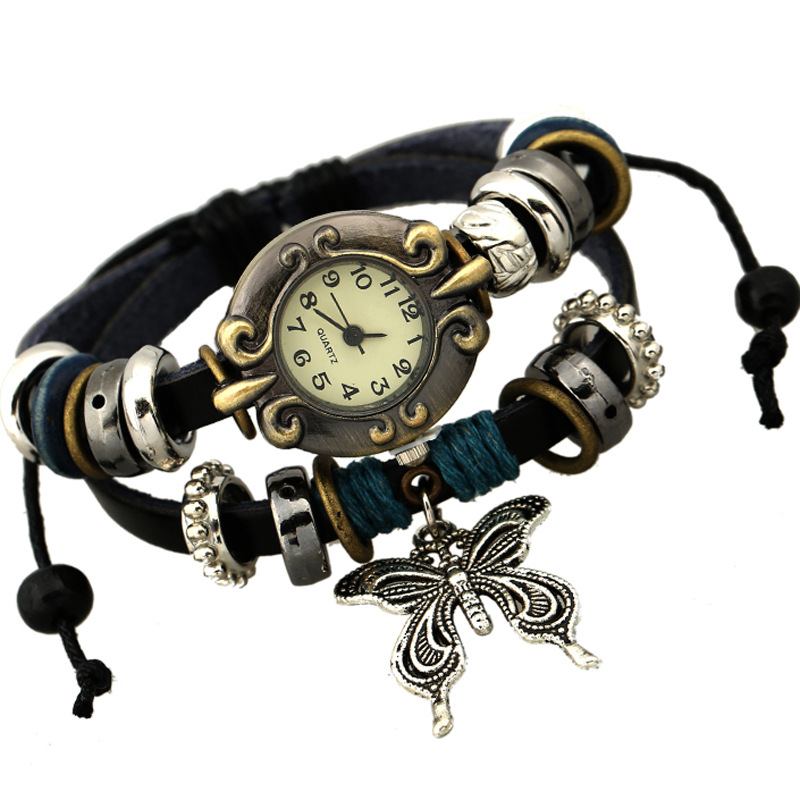 Vintage Multilayer Cow Leather Dam Armband Watch Butterfly Pendant Quartz Watch