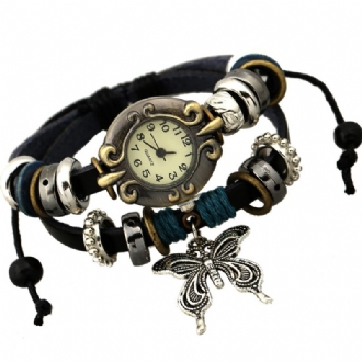 Vintage Multilayer Cow Leather Dam Armband Watch Butterfly Pendant Quartz Watch