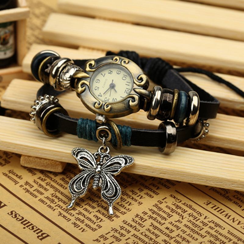 Vintage Multilayer Cow Leather Dam Armband Watch Butterfly Pendant Quartz Watch