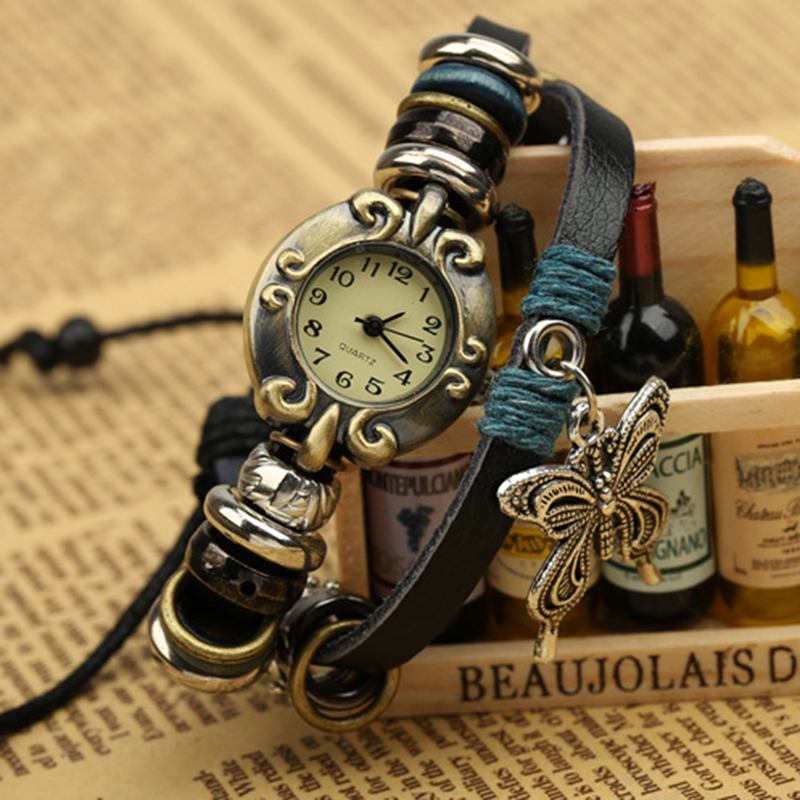 Vintage Multilayer Cow Leather Dam Armband Watch Butterfly Pendant Quartz Watch