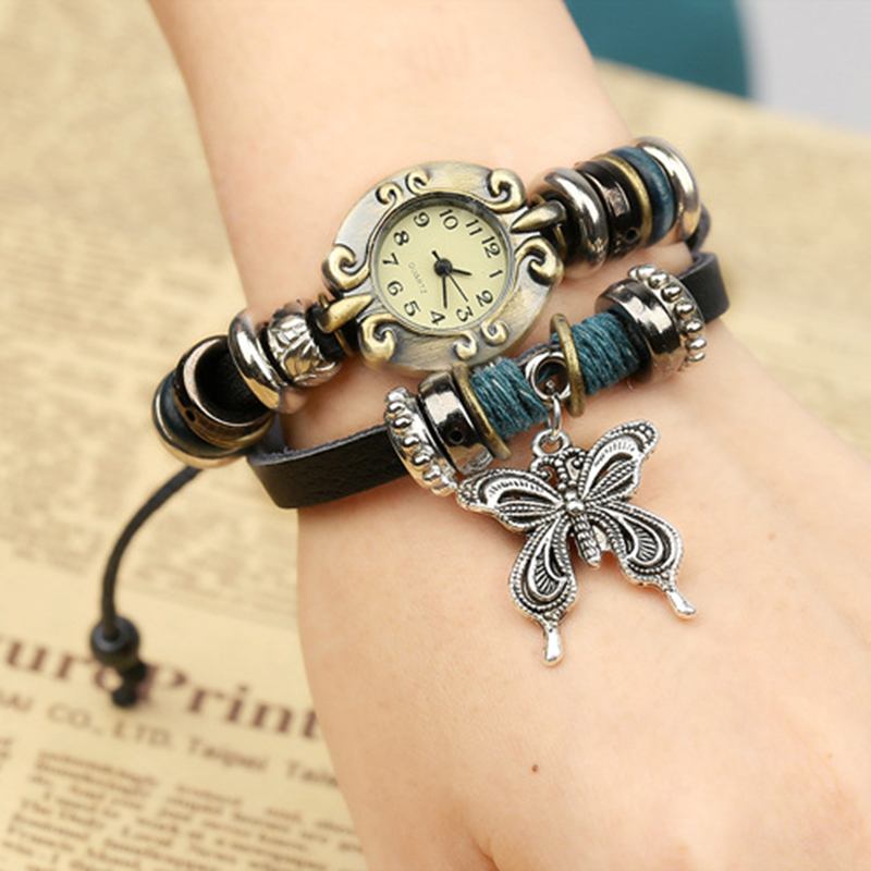 Vintage Multilayer Cow Leather Dam Armband Watch Butterfly Pendant Quartz Watch