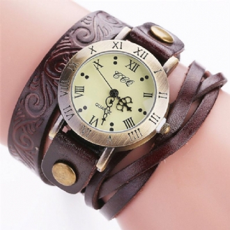 Vintage Retro Stil Kvinnor Kvarts Klocka Kohud Nicked Romerska Siffror Läder Cirkel Armbandsur