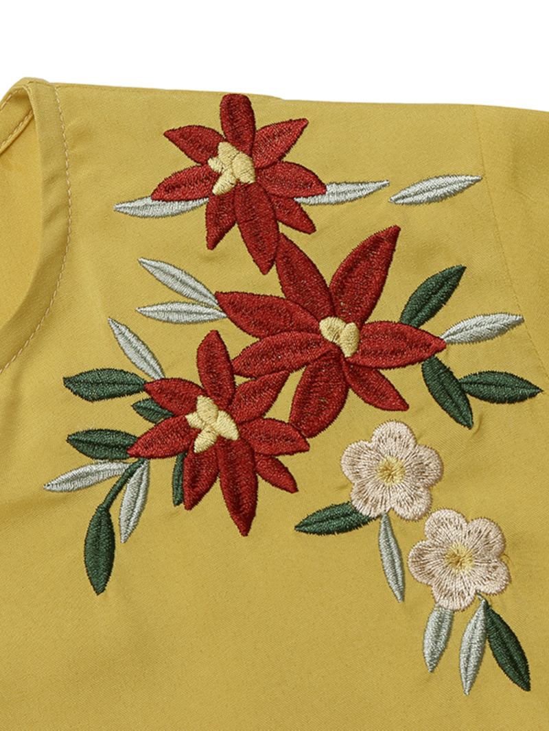 Blommor Broderi Dragkedja Fram Långärmad Bohemian Casual Maxiklänning För Kvinnor