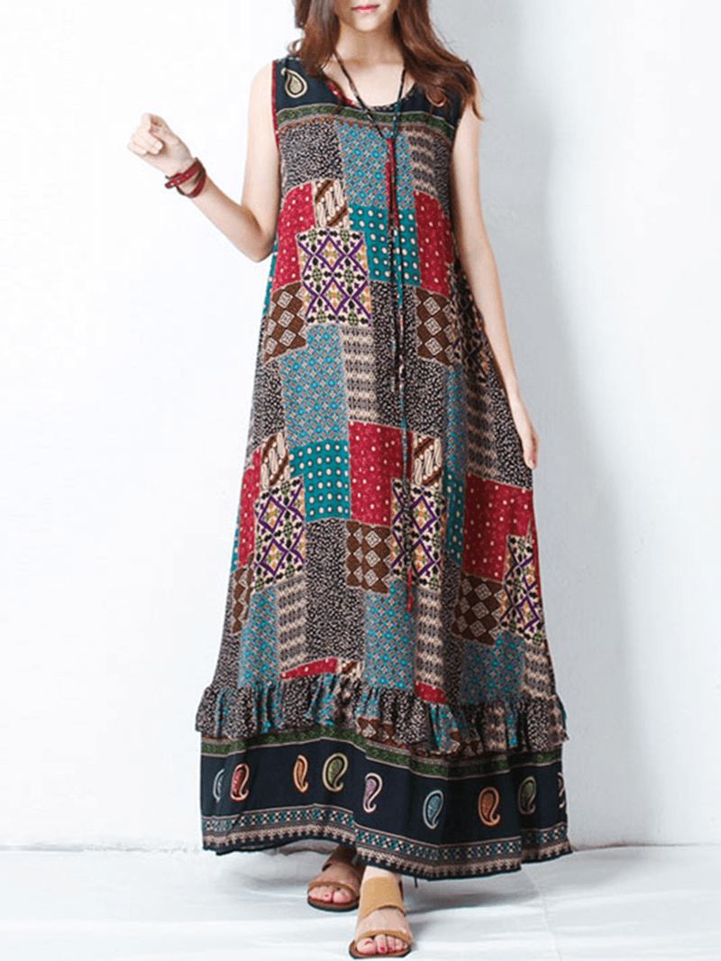 Bohemian Kvinnor Ärmlös O-hals Tryckt Maxi Tank Dress