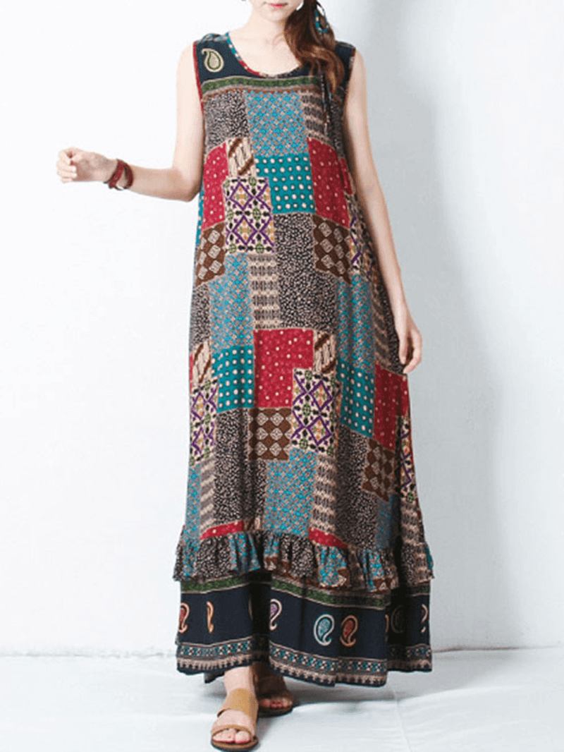 Bohemian Kvinnor Ärmlös O-hals Tryckt Maxi Tank Dress