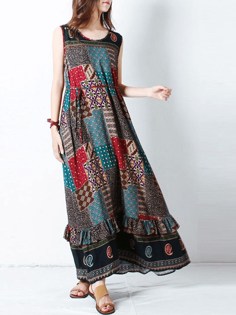 Bohemian Kvinnor Ärmlös O-hals Tryckt Maxi Tank Dress