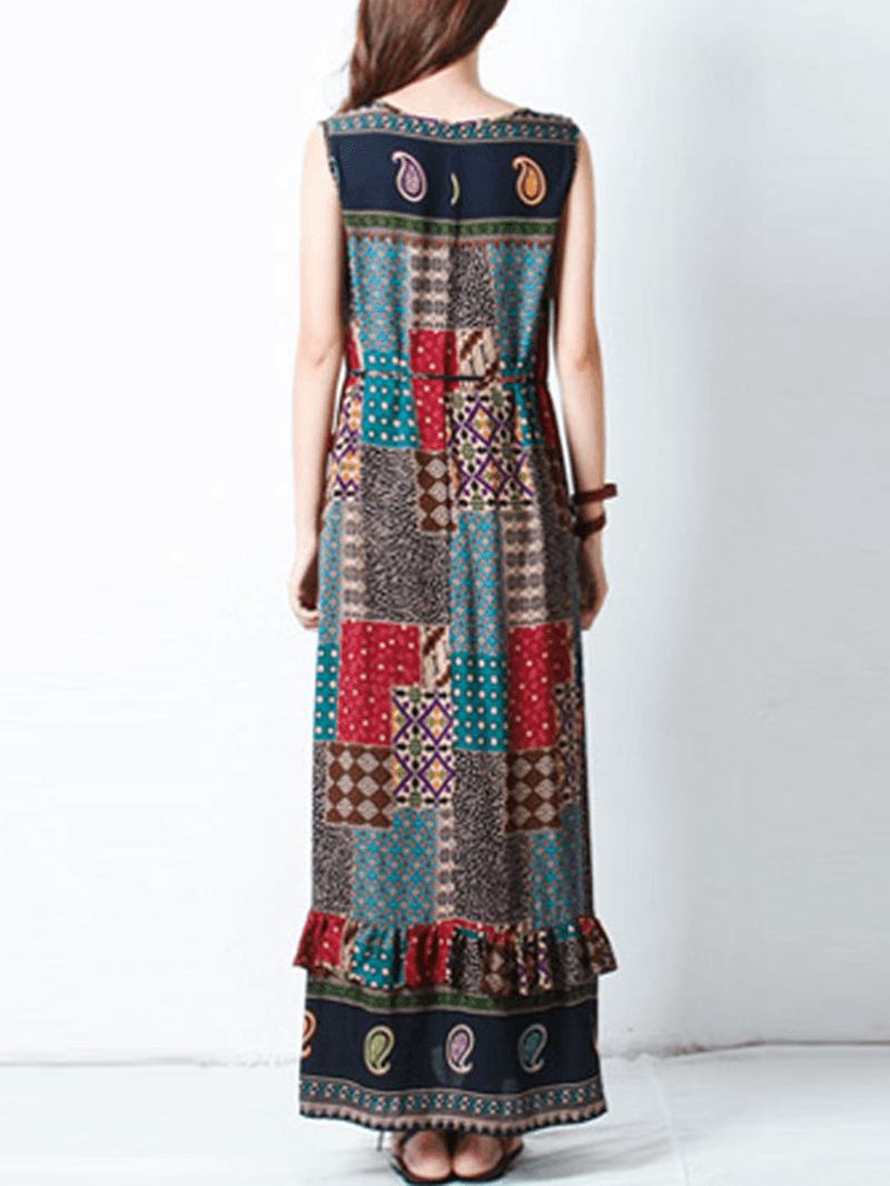 Bohemian Kvinnor Ärmlös O-hals Tryckt Maxi Tank Dress