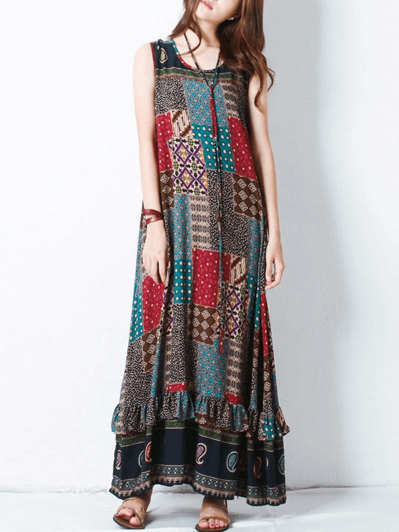 Bohemian Kvinnor Ärmlös O-hals Tryckt Maxi Tank Dress