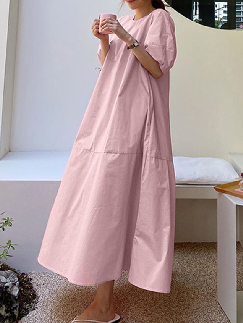 Enfärgad O-hals Puffärm Vanlig Casual Sidoficka Holiday Maxi Dress