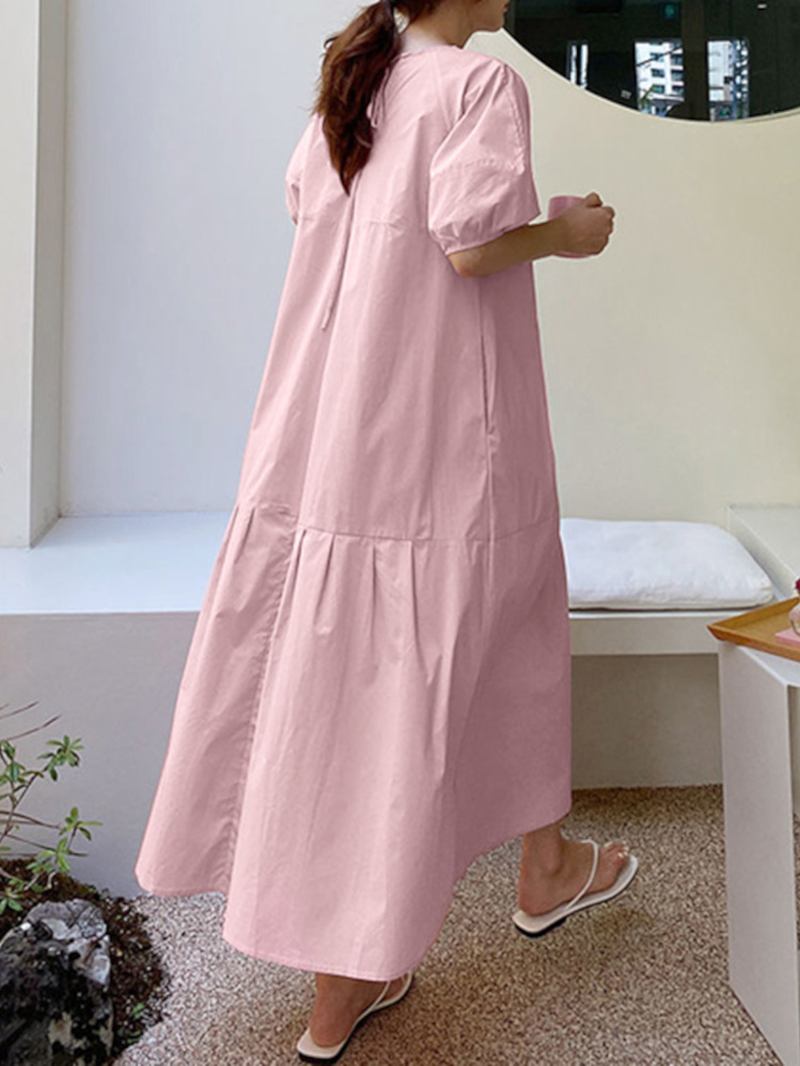 Enfärgad O-hals Puffärm Vanlig Casual Sidoficka Holiday Maxi Dress