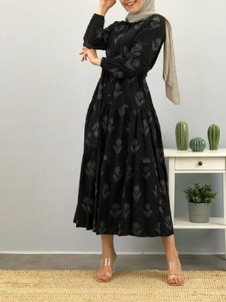 Kvinnor Blommönster Lapel Puff Sleeve Kaftan Maxi Dress With Belted