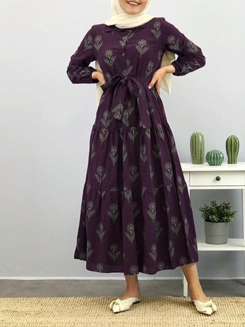 Kvinnor Blommönster Lapel Puff Sleeve Kaftan Maxi Dress With Belted