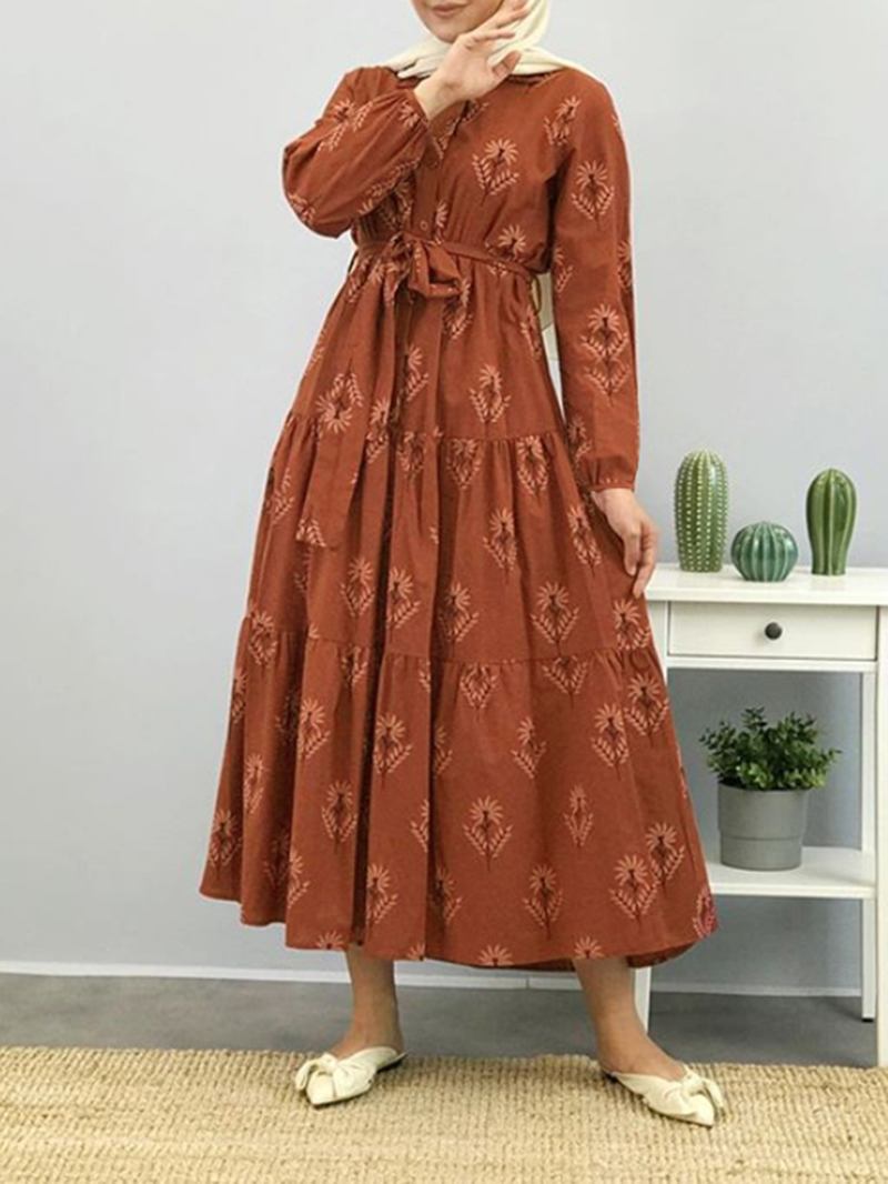 Kvinnor Blommönster Lapel Puff Sleeve Kaftan Maxi Dress With Belted