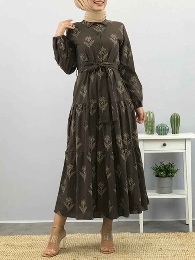 Kvinnor Blommönster Lapel Puff Sleeve Kaftan Maxi Dress With Belted