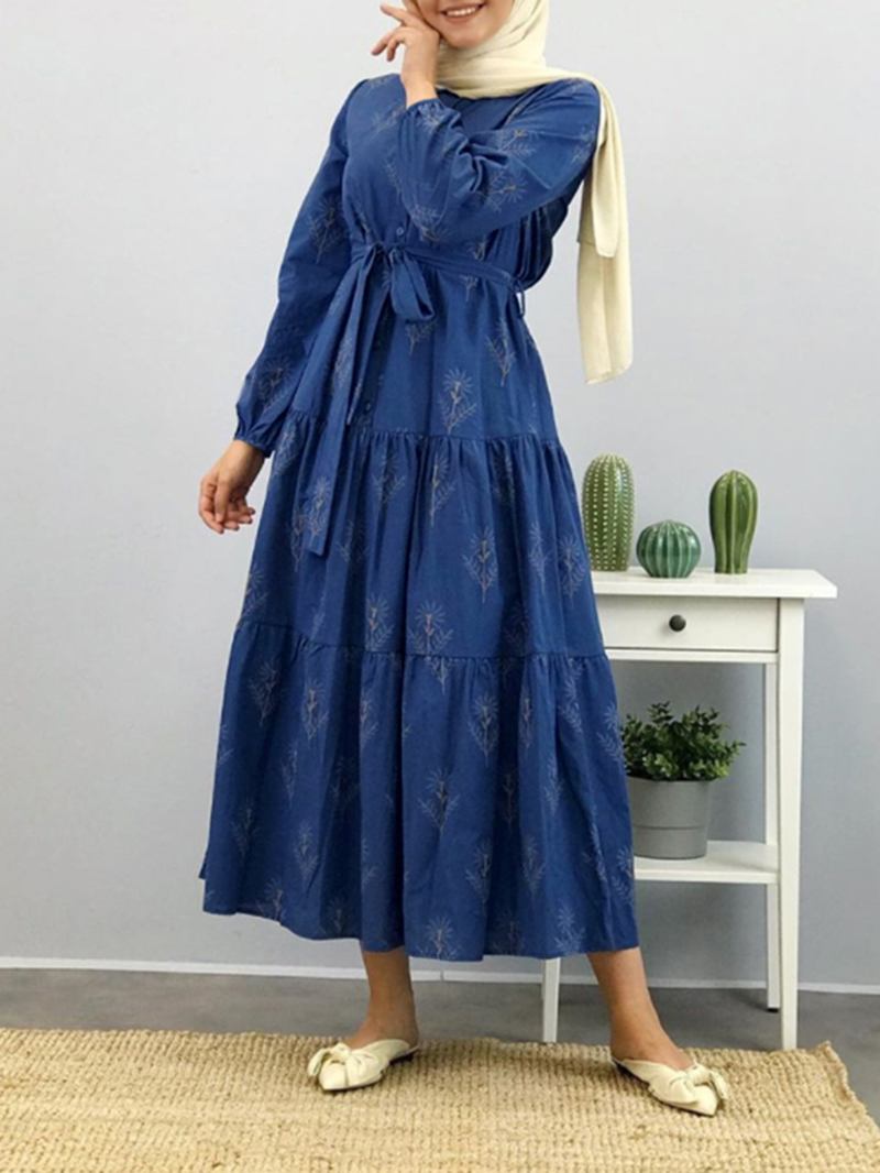 Kvinnor Blommönster Lapel Puff Sleeve Kaftan Maxi Dress With Belted