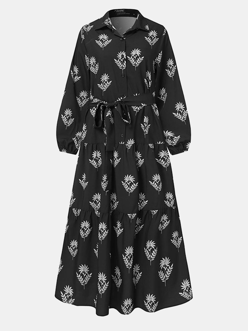 Kvinnor Blommönster Lapel Puff Sleeve Kaftan Maxi Dress With Belted