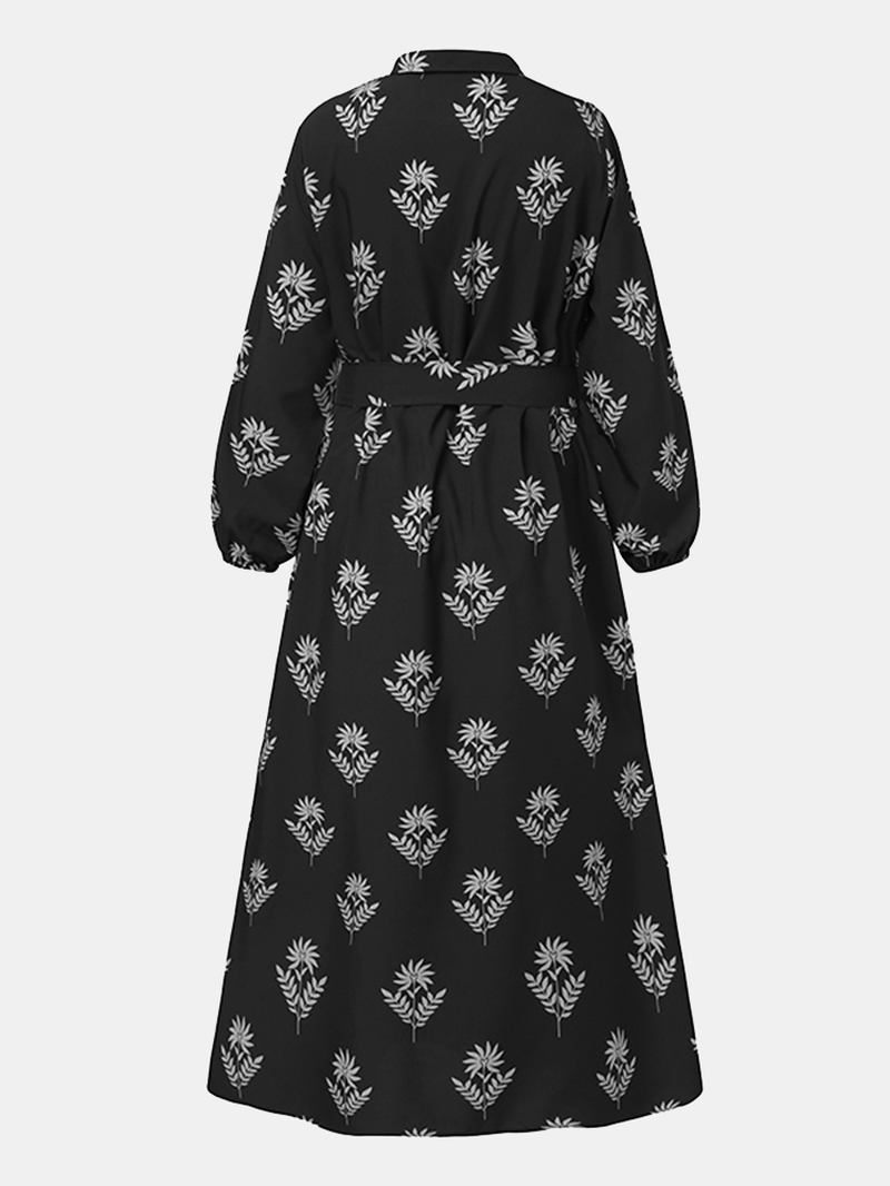 Kvinnor Blommönster Lapel Puff Sleeve Kaftan Maxi Dress With Belted