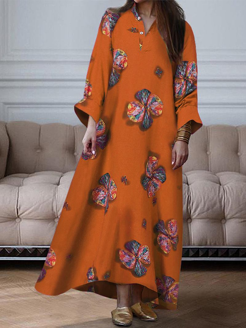 Kvinnor Blommönster V-hals Långärmad Knapp Holiday Casual Maxi Shirt Dress