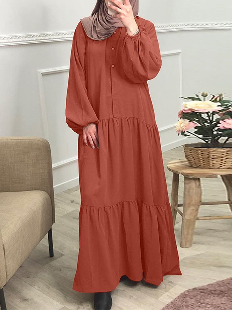 Kvinnor Enfärgad Button Down Front Puff Sleeve Kaftan Robe Maxi Dress