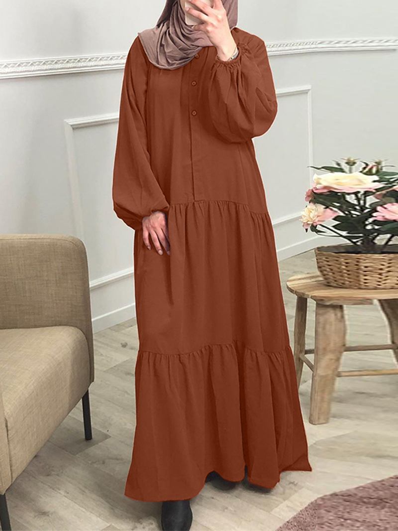 Kvinnor Enfärgad Button Down Front Puff Sleeve Kaftan Robe Maxi Dress