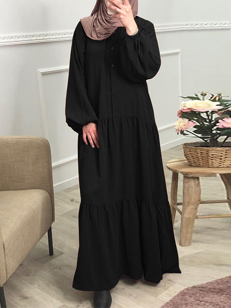 Kvinnor Enfärgad Button Down Front Puff Sleeve Kaftan Robe Maxi Dress