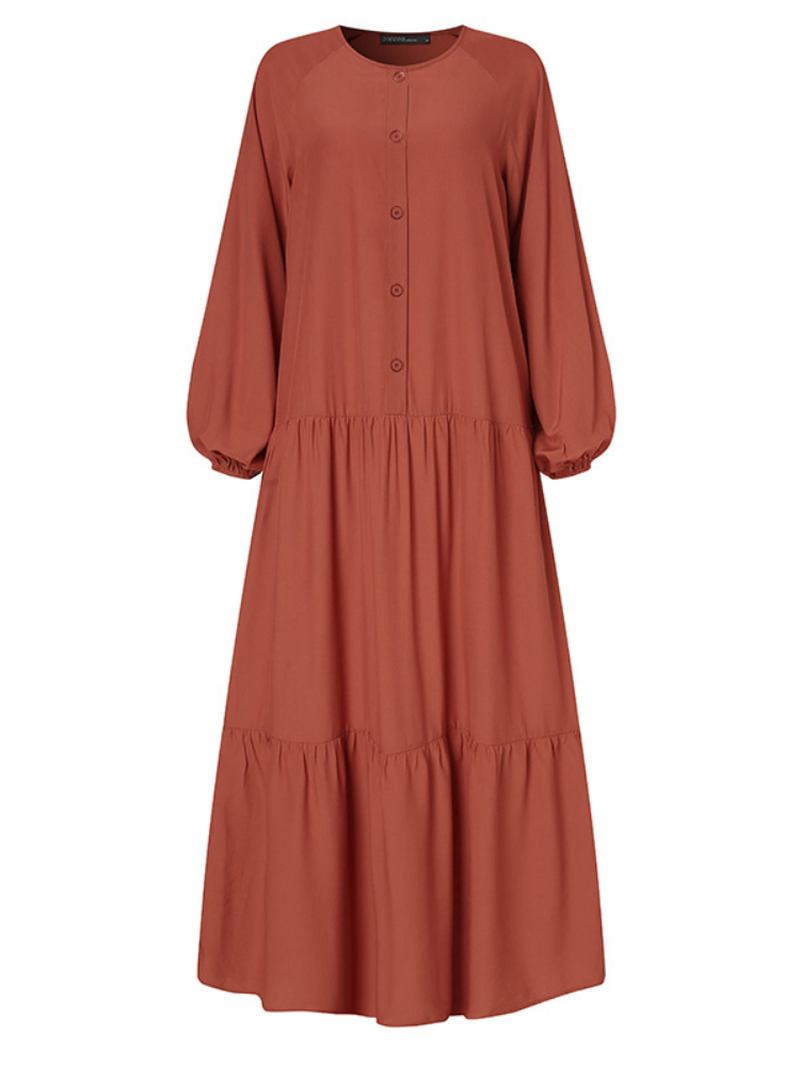 Kvinnor Enfärgad Button Down Front Puff Sleeve Kaftan Robe Maxi Dress