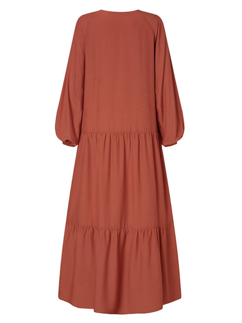 Kvinnor Enfärgad Button Down Front Puff Sleeve Kaftan Robe Maxi Dress