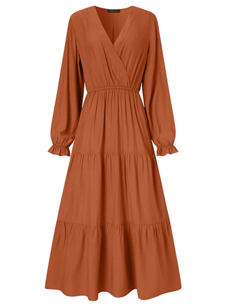 Kvinnor Enfärgad Puffärm V-hals Big Swing Casual Maxi Layered Dress