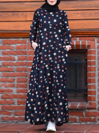 Kvinnor Färgglada Blommönster Layered Patchwork Långärmad Veckad Casual Muslim Klänning