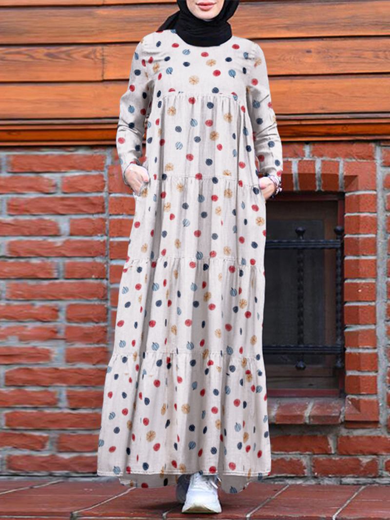 Kvinnor Färgglada Blommönster Layered Patchwork Långärmad Veckad Casual Muslim Klänning