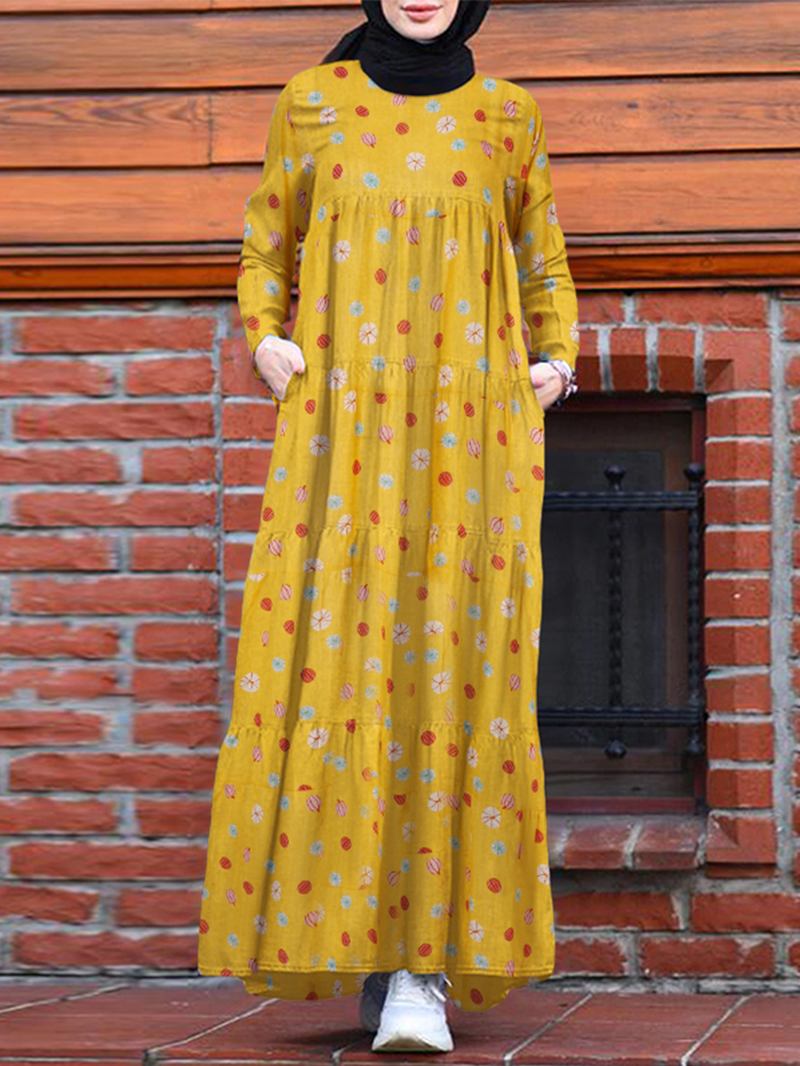 Kvinnor Färgglada Blommönster Layered Patchwork Långärmad Veckad Casual Muslim Klänning