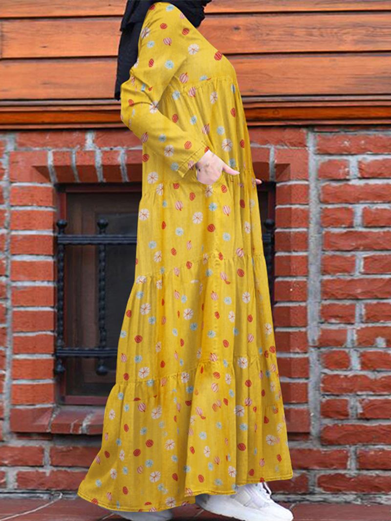 Kvinnor Färgglada Blommönster Layered Patchwork Långärmad Veckad Casual Muslim Klänning