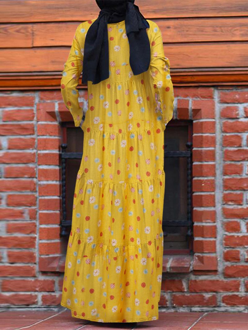 Kvinnor Färgglada Blommönster Layered Patchwork Långärmad Veckad Casual Muslim Klänning