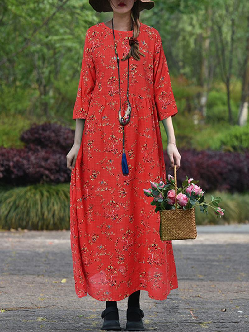 Kvinnor Vintage Blommor Med Tryck O-neck 3/4 Ärm Casual Holiday Maxi Dress