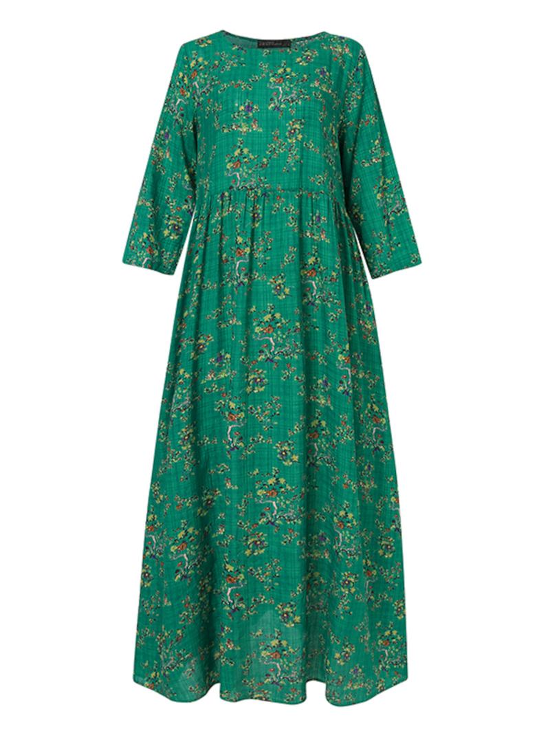 Kvinnor Vintage Blommor Med Tryck O-neck 3/4 Ärm Casual Holiday Maxi Dress