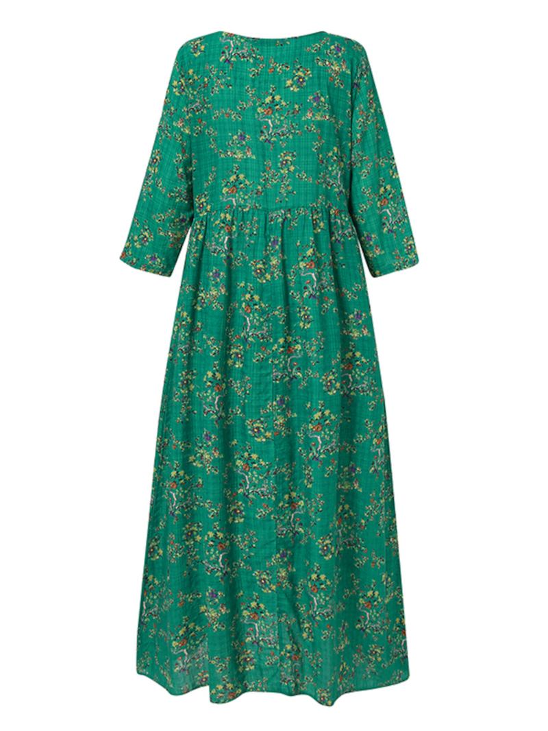 Kvinnor Vintage Blommor Med Tryck O-neck 3/4 Ärm Casual Holiday Maxi Dress