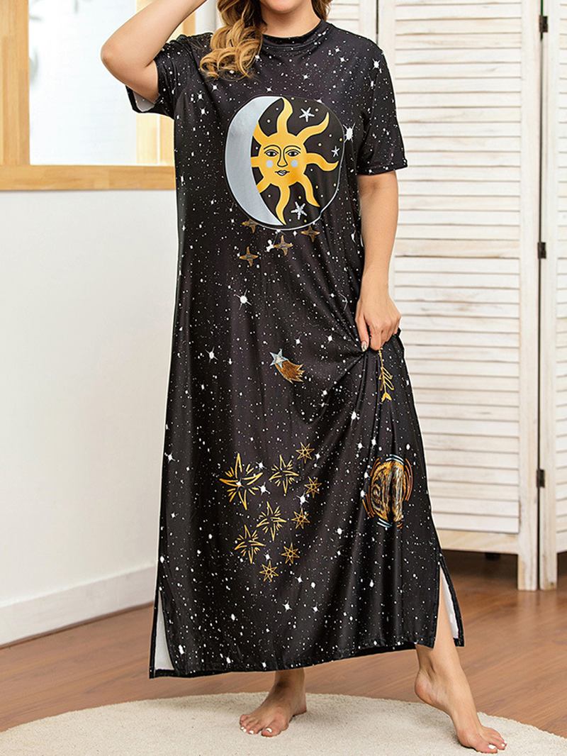 Plus Size Galaxy Med Tryck Kort Ärm Rund Hals Slits Lång Klänning