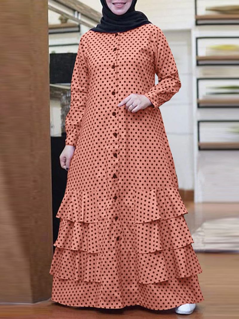 Polka Dot Volanger Trim Button Långärmad Bohemian Shirt Maxiklänning För Kvinnor