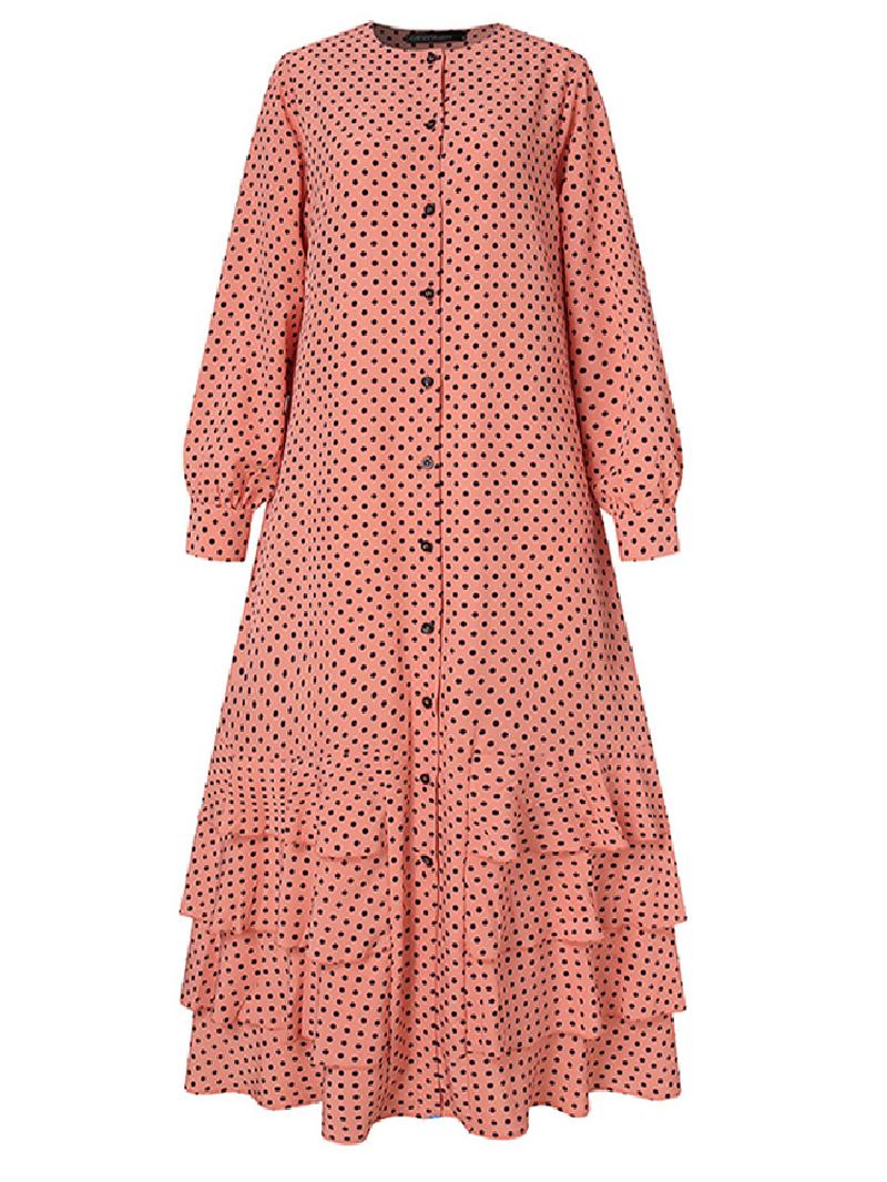 Polka Dot Volanger Trim Button Långärmad Bohemian Shirt Maxiklänning För Kvinnor