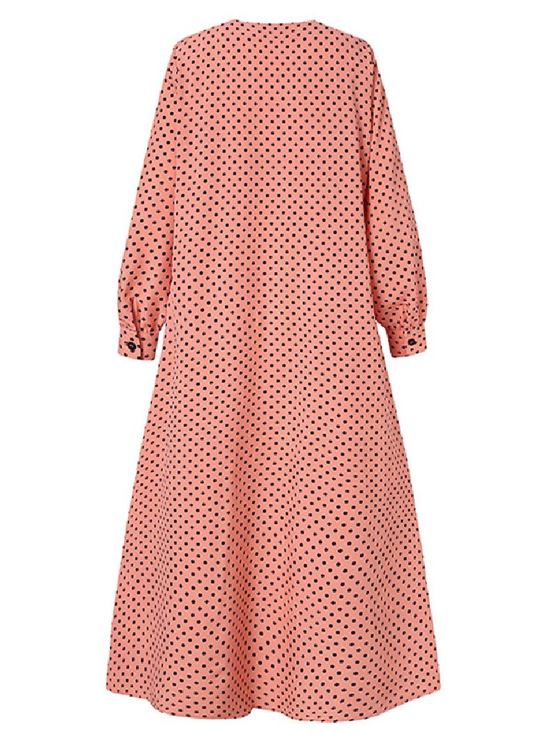 Polka Dot Volanger Trim Button Långärmad Bohemian Shirt Maxiklänning För Kvinnor