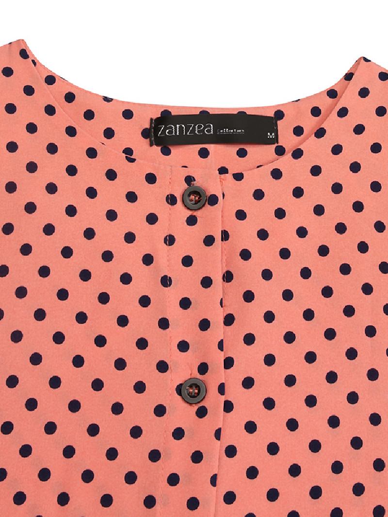 Polka Dot Volanger Trim Button Långärmad Bohemian Shirt Maxiklänning För Kvinnor