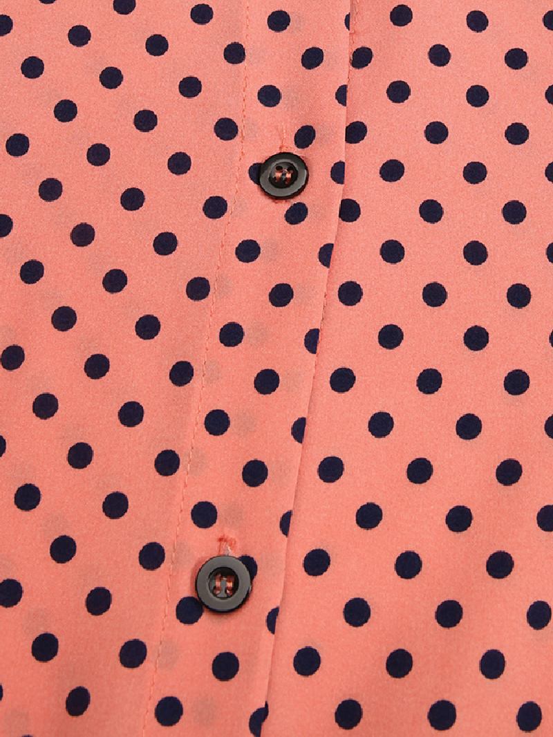 Polka Dot Volanger Trim Button Långärmad Bohemian Shirt Maxiklänning För Kvinnor